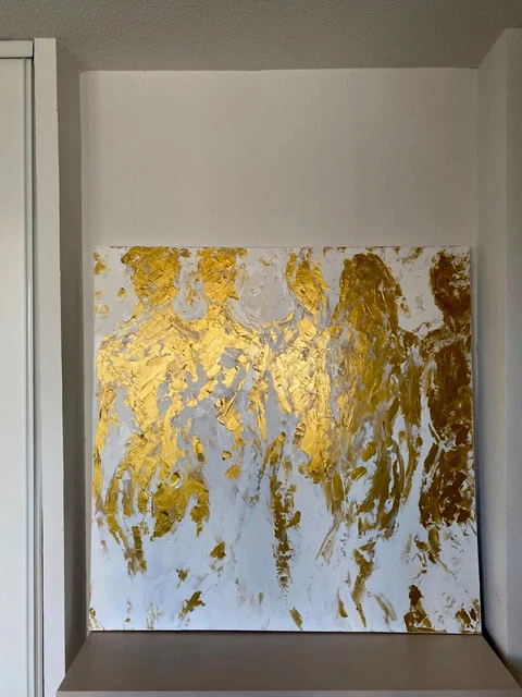 Tableau Peinture Blanc Et Doré 100x100 Cm - Fait Main - Style Art Déco - Neuf